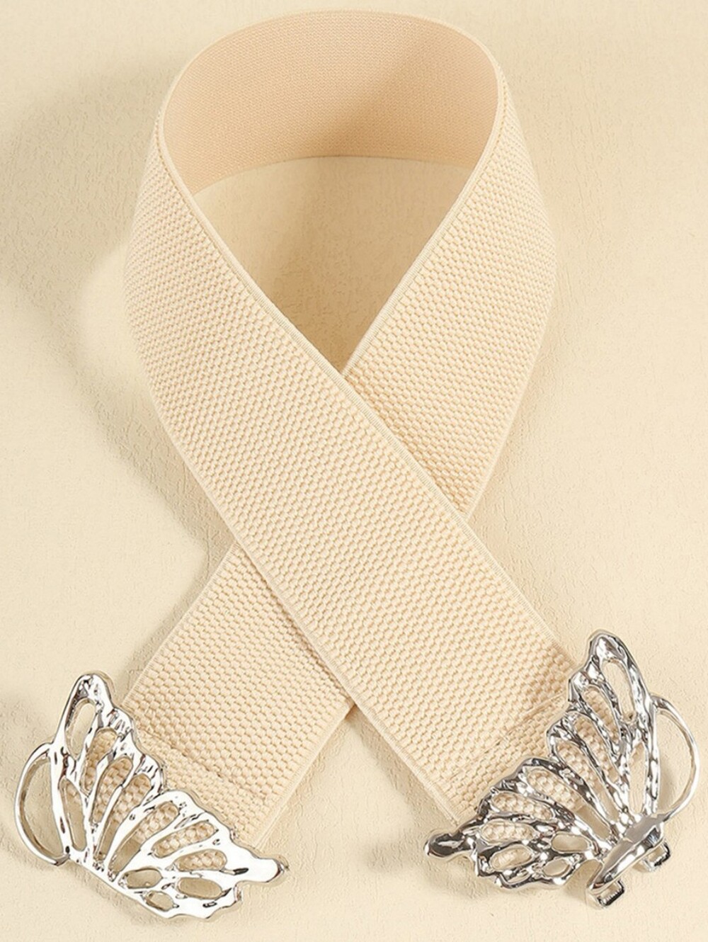 Elastic Cream Women's Waist Belt with Silvertone Butterfly Buckle